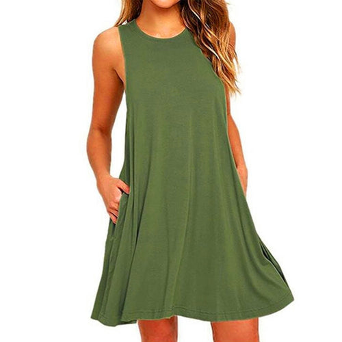 Daily Shopping Pullover Knee Length Sleeveless A Line Crew Neck Travel With Pockets Solid Color Women Dress Large Swing Summer