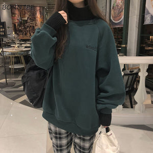 Hoodies Women Autumn Winter Trendy Embroidery Korean Style Simple Casual Kawaii Ulzzang Oversize Womens Clothing Chic Streetwear