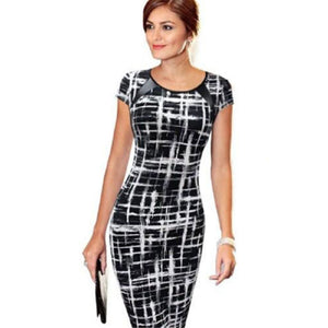 Elegant Women Dresses Bodycon Office Formal Business Work Party Sheath Tunic Pencil Midi O-neck Short Sleeves Dress