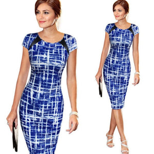 Elegant Women Dresses Bodycon Office Formal Business Work Party Sheath Tunic Pencil Midi O-neck Short Sleeves Dress