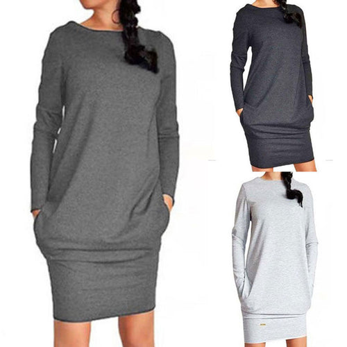 Women's Winter Sweatshirt Dress Fashion Ladies Casual Hoodie Pullover Jumper Pockets Sweater Slim Fit Tops Dress