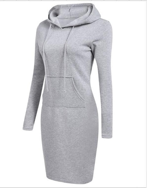 Autumn Winter  Long-sleeved Hooded Dress 2019 Woman Warm Hoodies Sweatshirts Dress Drawstring Fleeces Women Dress with Pocket