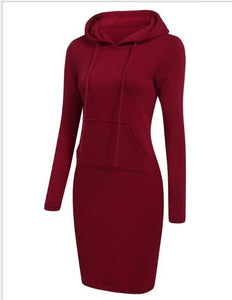 Autumn Winter  Long-sleeved Hooded Dress 2019 Woman Warm Hoodies Sweatshirts Dress Drawstring Fleeces Women Dress with Pocket