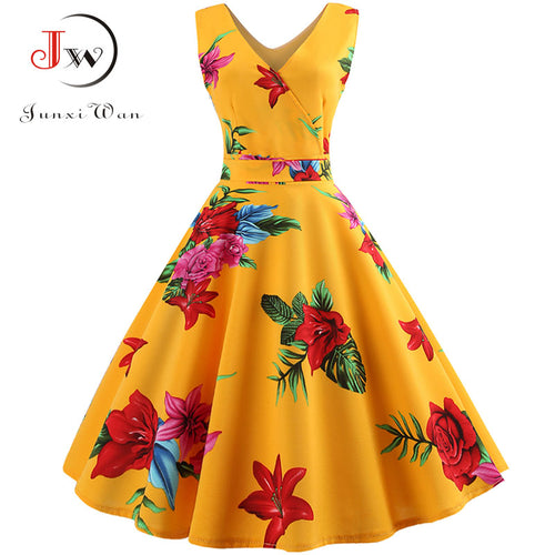 Summer Women Dress  Elegant Vintage Floral Tunic Sundress Sexy V Neck Work Office Party Dresses Plus Size Midi Robe Pin Up