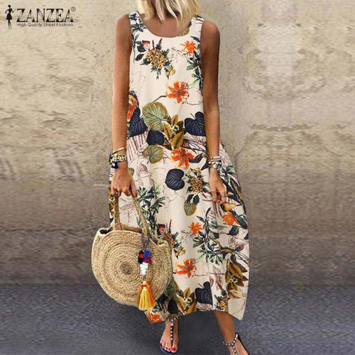 ZANZEA Summer Dress Women Vintage Sleeveless Floral Printed Long Dress Cotton Linen Sundress Baggy Beach Vestido Sarafans 5XL