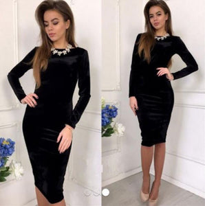 Vintage Dress Women Sexy Long Sleeve Solid Sheath Dress Sexy Bodycon Dress Evening Party Midi Dress Ladies Velvet Dresses