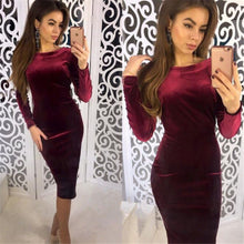 Load image into Gallery viewer, Vintage Dress Women Sexy Long Sleeve Solid Sheath Dress Sexy Bodycon Dress Evening Party Midi Dress Ladies Velvet Dresses