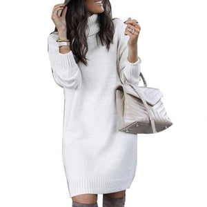 Fashion Long Sleeve Turtleneck Knitted Casual  Sweater Dress Women 2019 Autumn Winter Loose Warm White Red Dresses Long