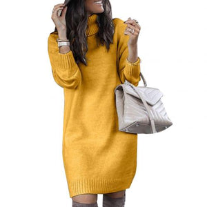 Fashion Long Sleeve Turtleneck Knitted Casual  Sweater Dress Women 2019 Autumn Winter Loose Warm White Red Dresses Long