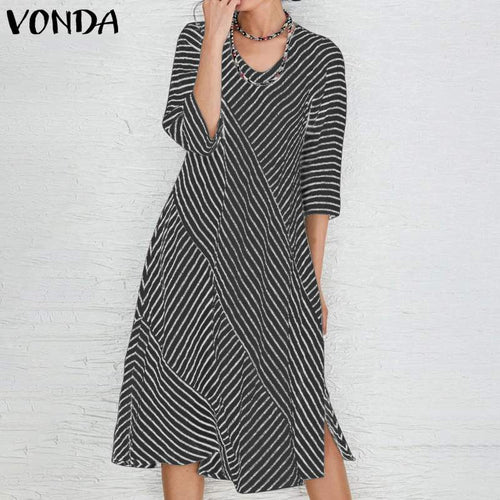 VONDA Women Robe Femme 2019 Party Dresses Cotton Split Hem Knee Length Dress Bohemian Vestidos Plus Size Fashion Autumn Sundress