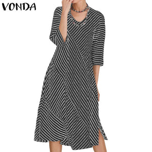 VONDA Women Robe Femme 2019 Party Dresses Cotton Split Hem Knee Length Dress Bohemian Vestidos Plus Size Fashion Autumn Sundress