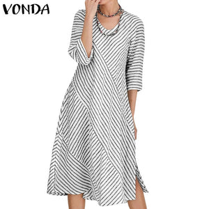 VONDA Women Robe Femme 2019 Party Dresses Cotton Split Hem Knee Length Dress Bohemian Vestidos Plus Size Fashion Autumn Sundress