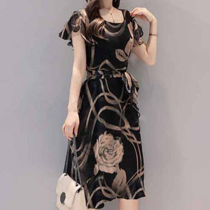 Women Dress Floral Printed A-line Slim Fit U Neck Dress for Summer AIC88