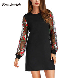 Autumn and winter women dress Botanical Embroidered Mesh Sleeve Longline Pullover Elegant Black Long Sleeve Lantern sleeve dress