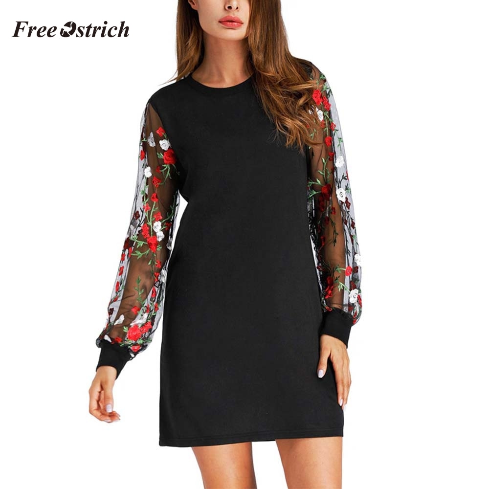 Autumn and winter women dress Botanical Embroidered Mesh Sleeve Longline Pullover Elegant Black Long Sleeve Lantern sleeve dress